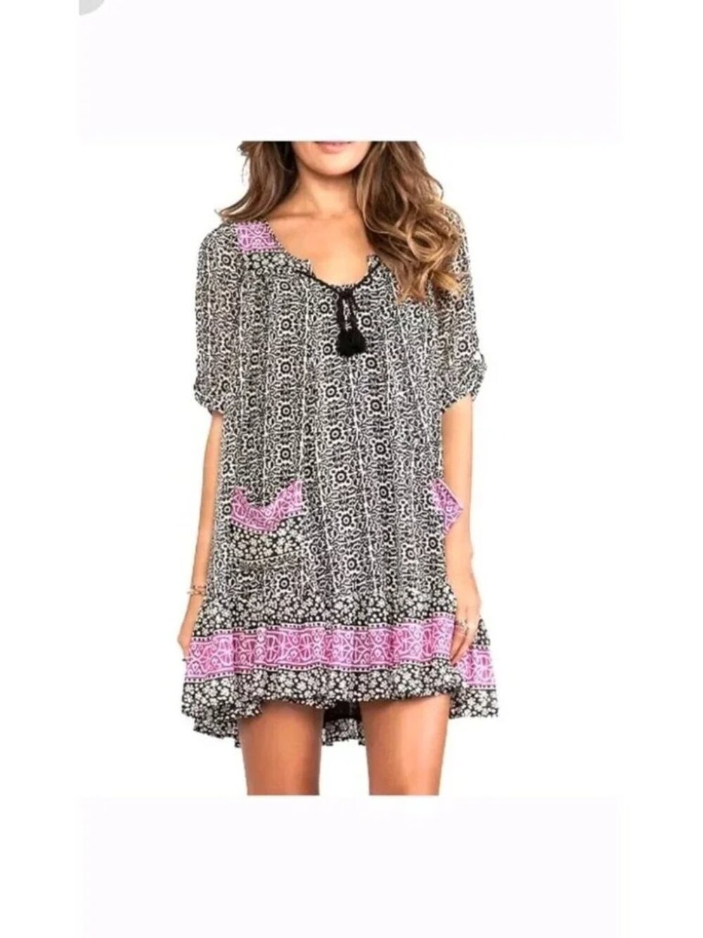 Free People Black Ivory Pink Boho Print Tunic Mini Dress Size M